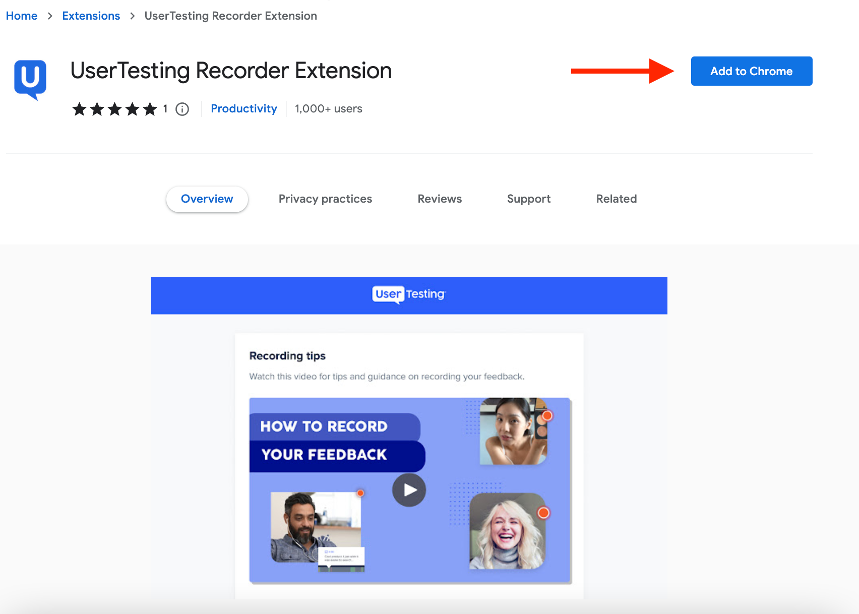 A_screenshot_of_the_UserTesting_Recorder_Extension_Chrome_Web_Store_listing_with_a_red_arrow_pointing_to_the_Add_to_Chrome_button._.png
