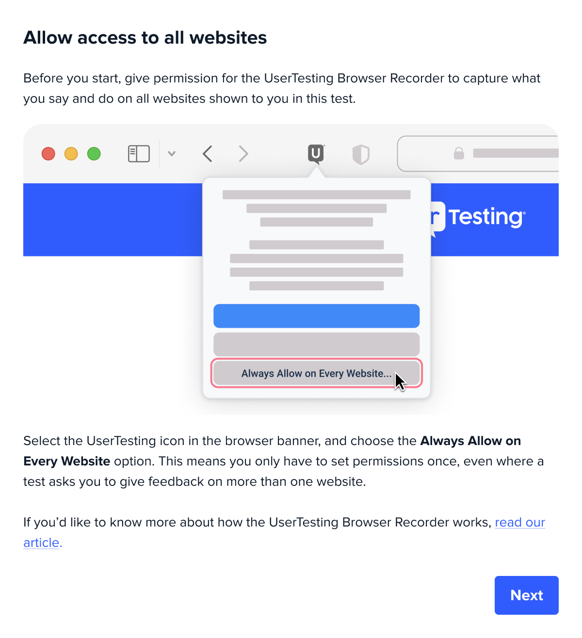 An image of a screen in the UserTesting Recorder setup flow with text and visuals that describes how and why users should make changes to the UserTesting Recorder Extension settings.