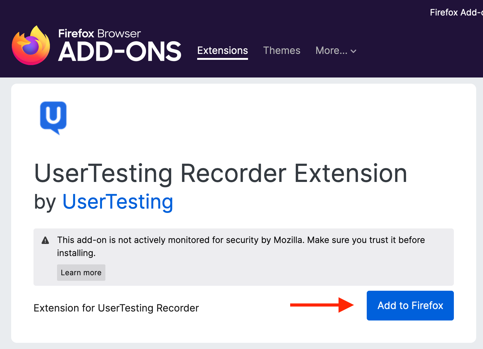 A_screenshot_of_the_UserTesting_Recorder_Extension_Firefox_Add-ons_listing_with_a_red_arrow_pointing_to_the_Add_to_Firefox_button._.png